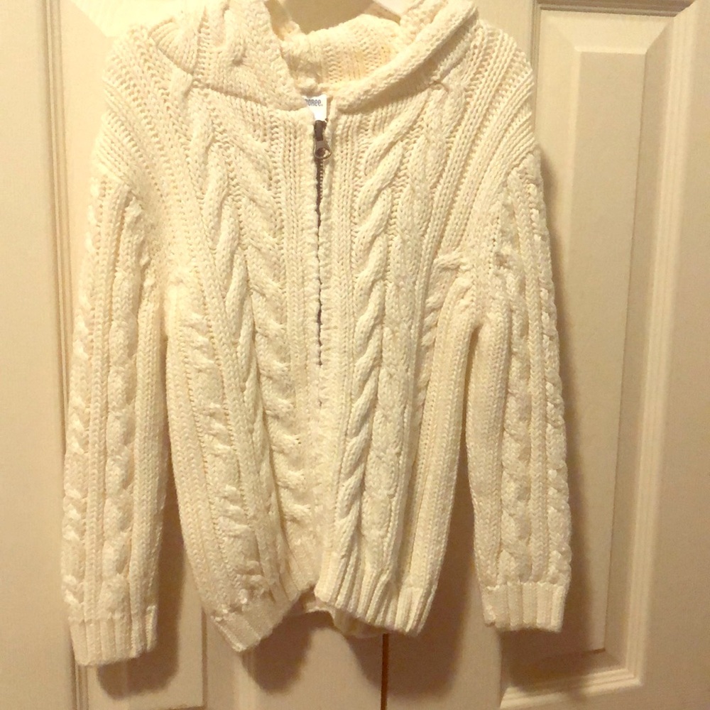 Cream cableknit zip front sweater with hood